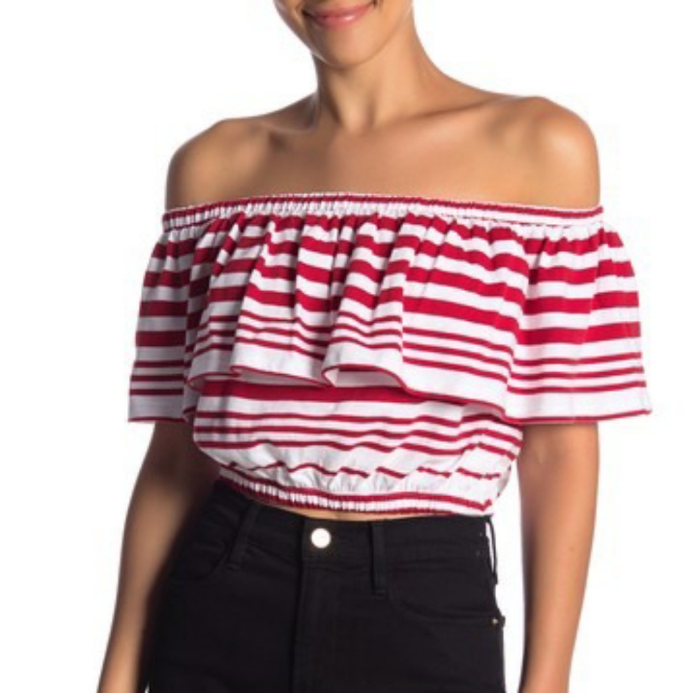 Off The Shoulder Ruffle Red Stripe Crop Top